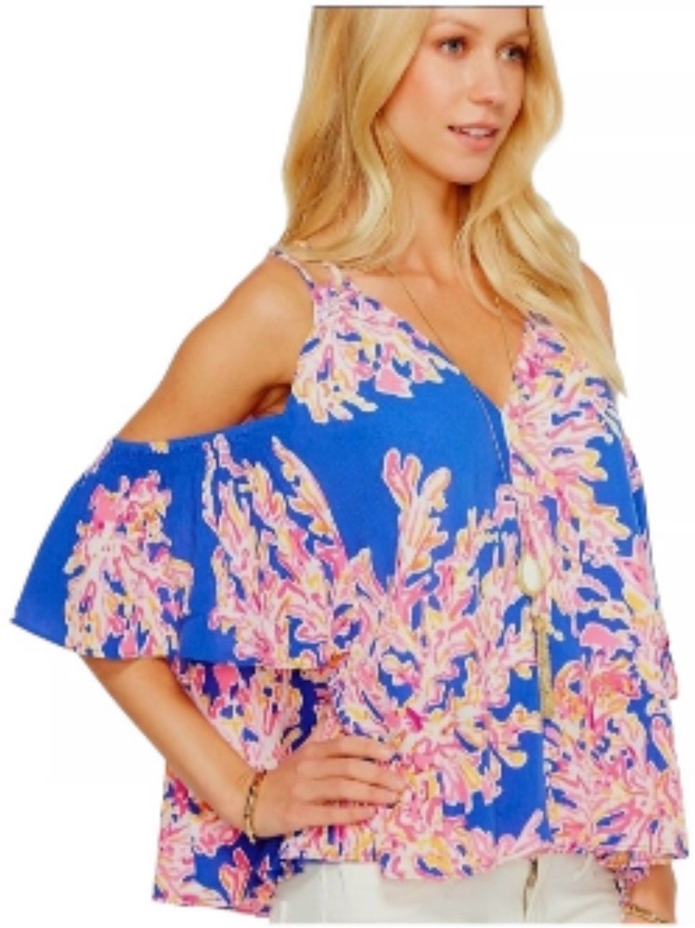 Lilly Pulitzer Blue Cold-Shoulder Blouse